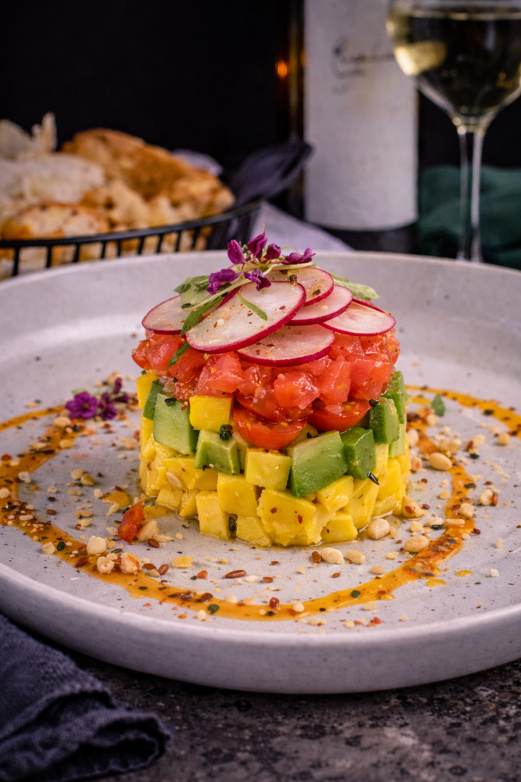 Fresh stacked vegetarian tartare