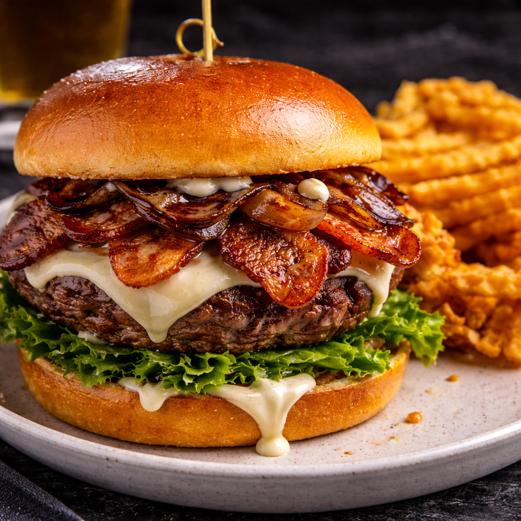 Gourmet burger with waffle fries