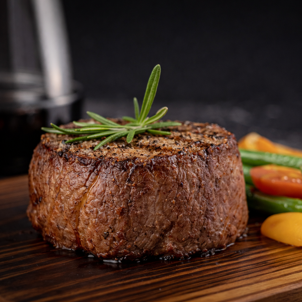 Seared filet mignon with vegetables