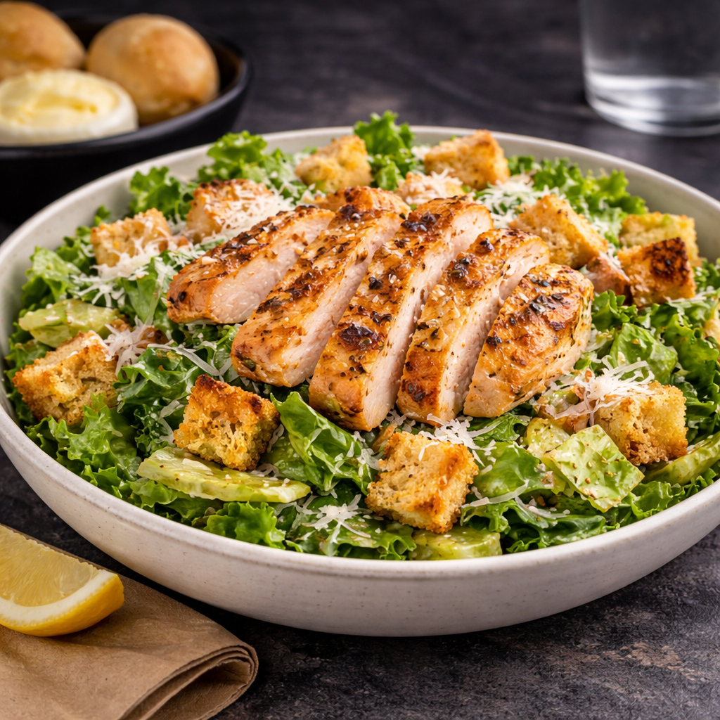 Grilled chicken Caesar salad closeup