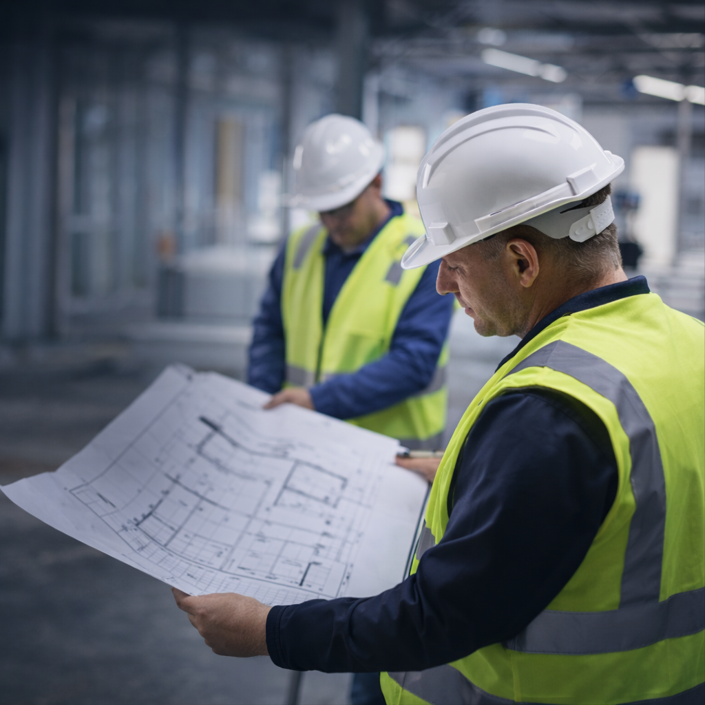 Examining blueprints on site